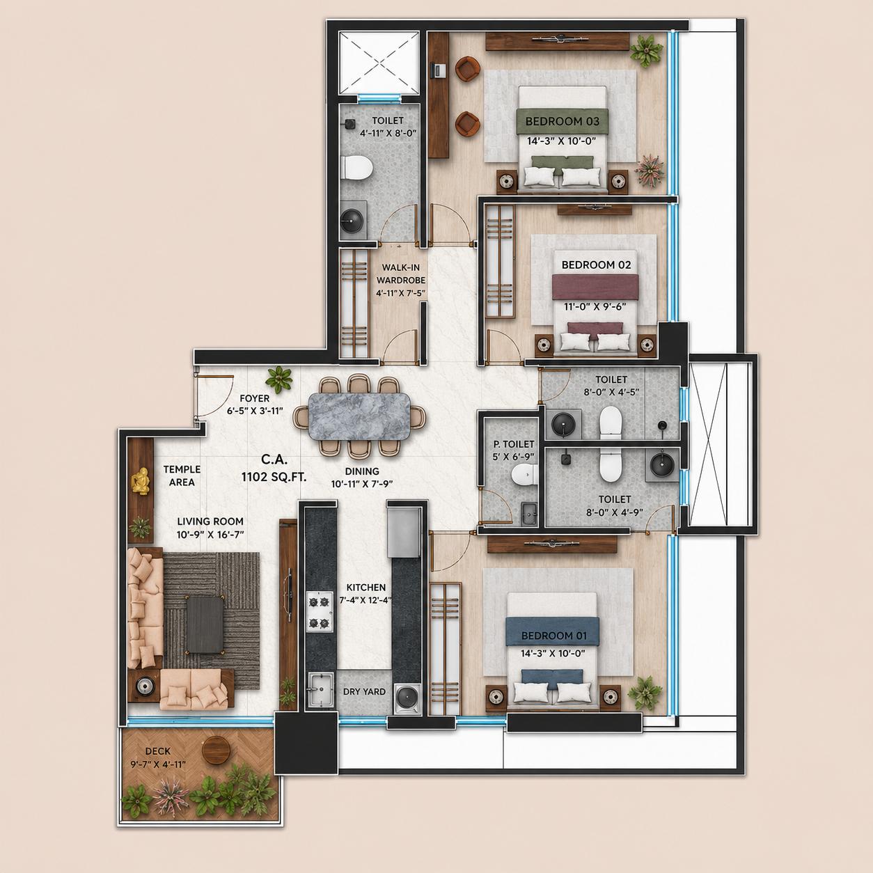 3 BHK Type 2 floor plan