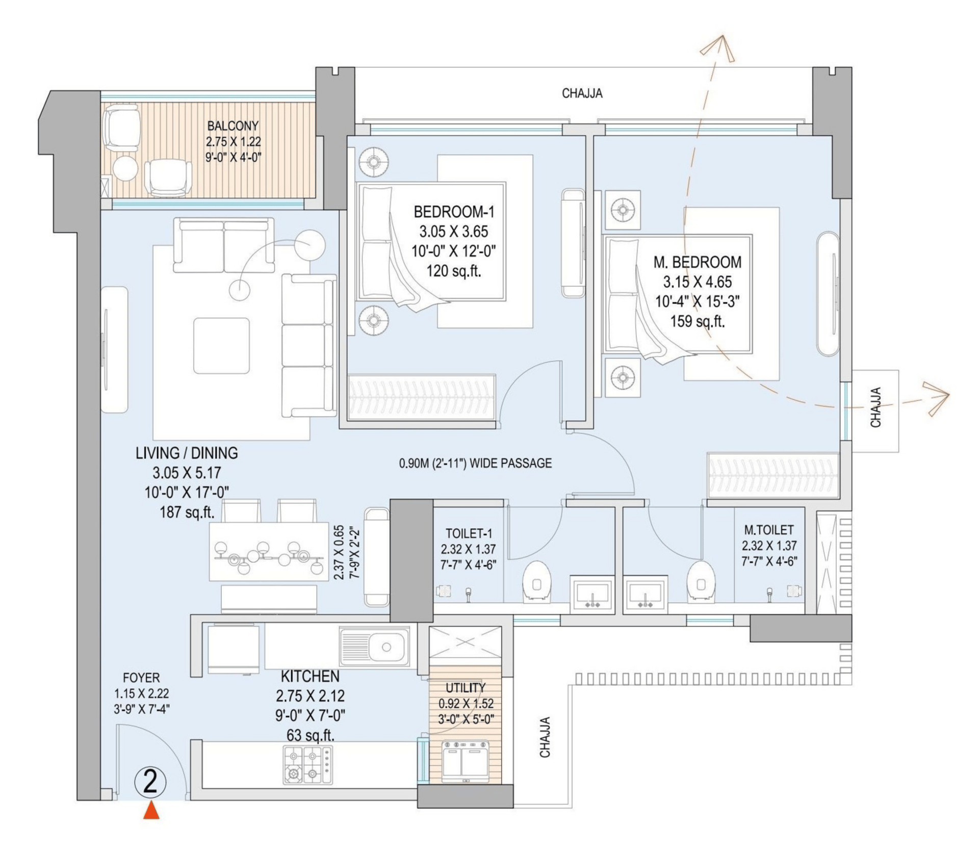 2 BHK T2 floor plan