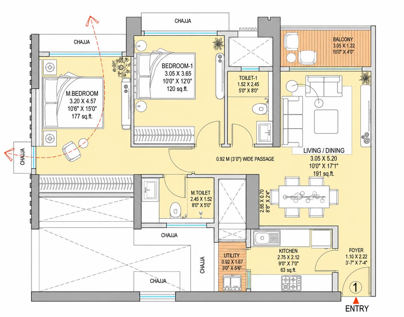 2 BHK T3 floor plan
