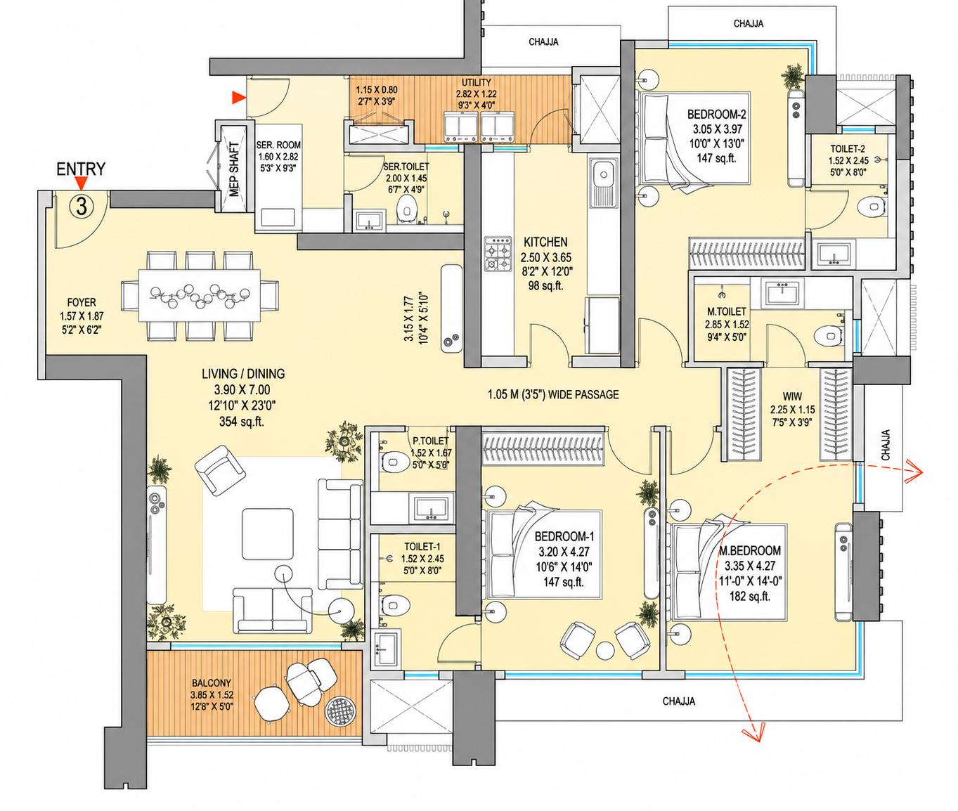 3 BHK T6 floor plan