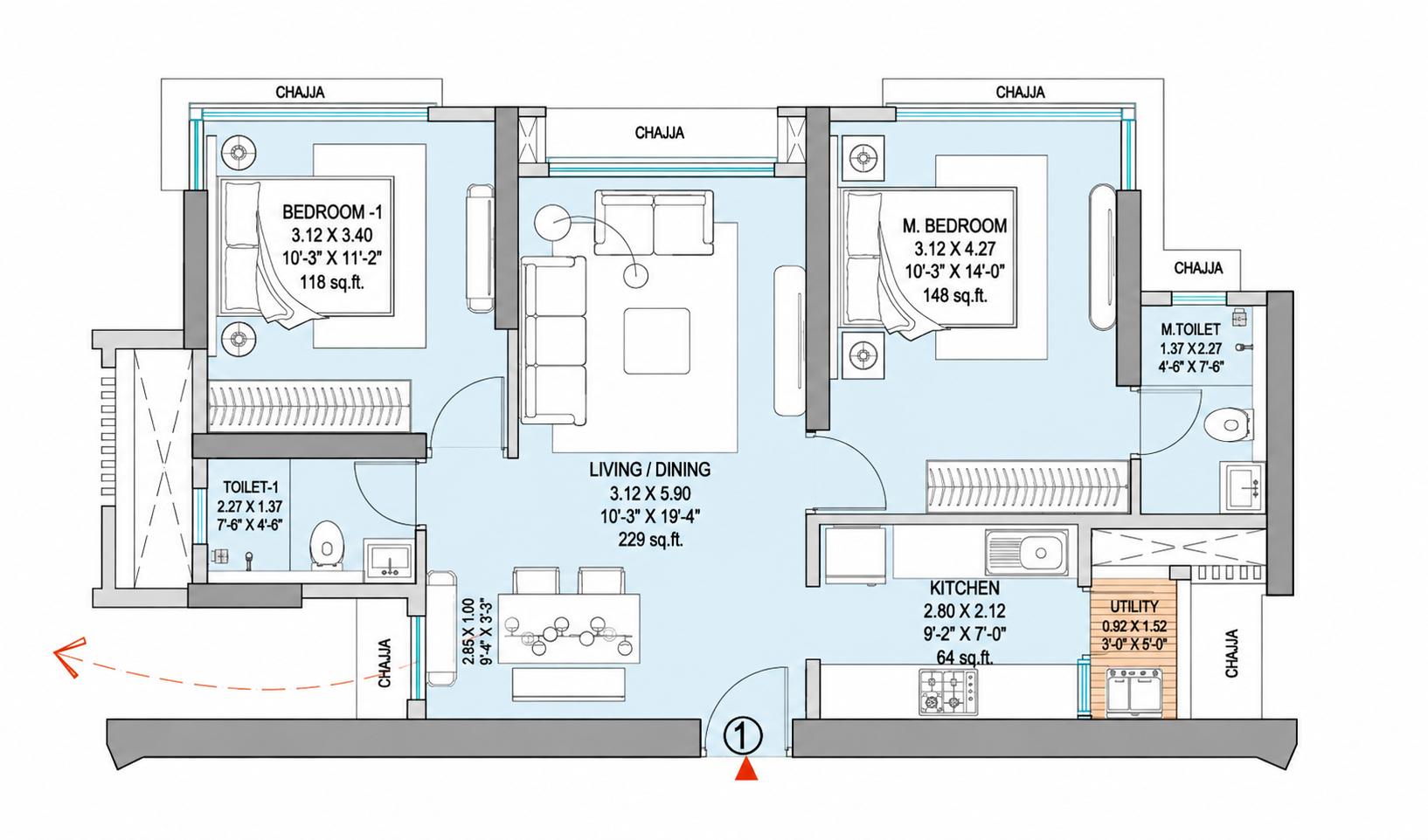 2 BHK T1 floor plan