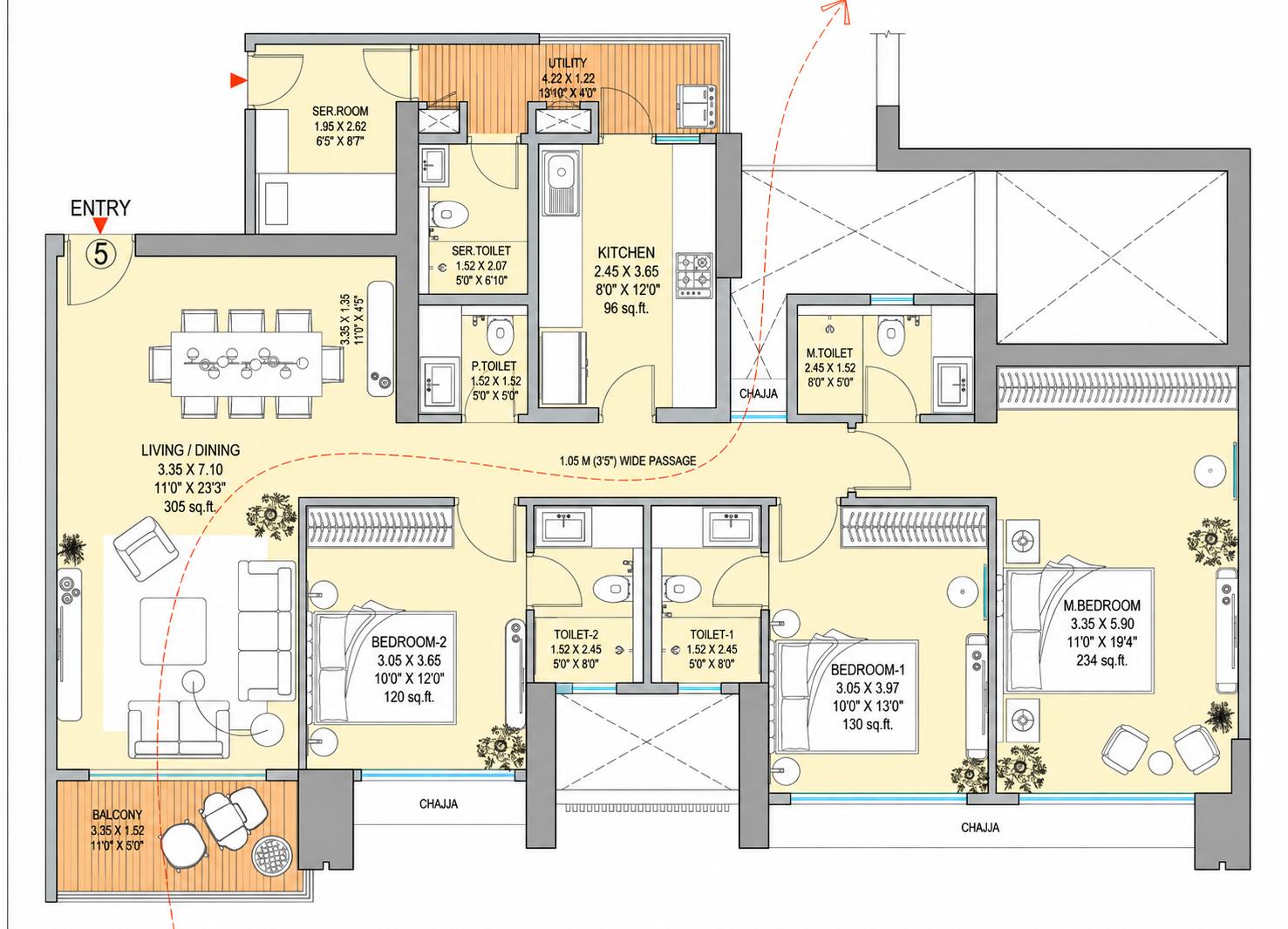 3 BHK T5 floor plan