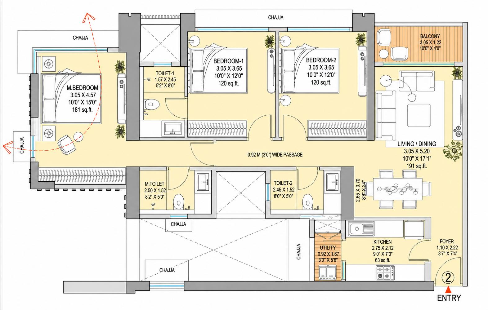 3 BHK T1 floor plan