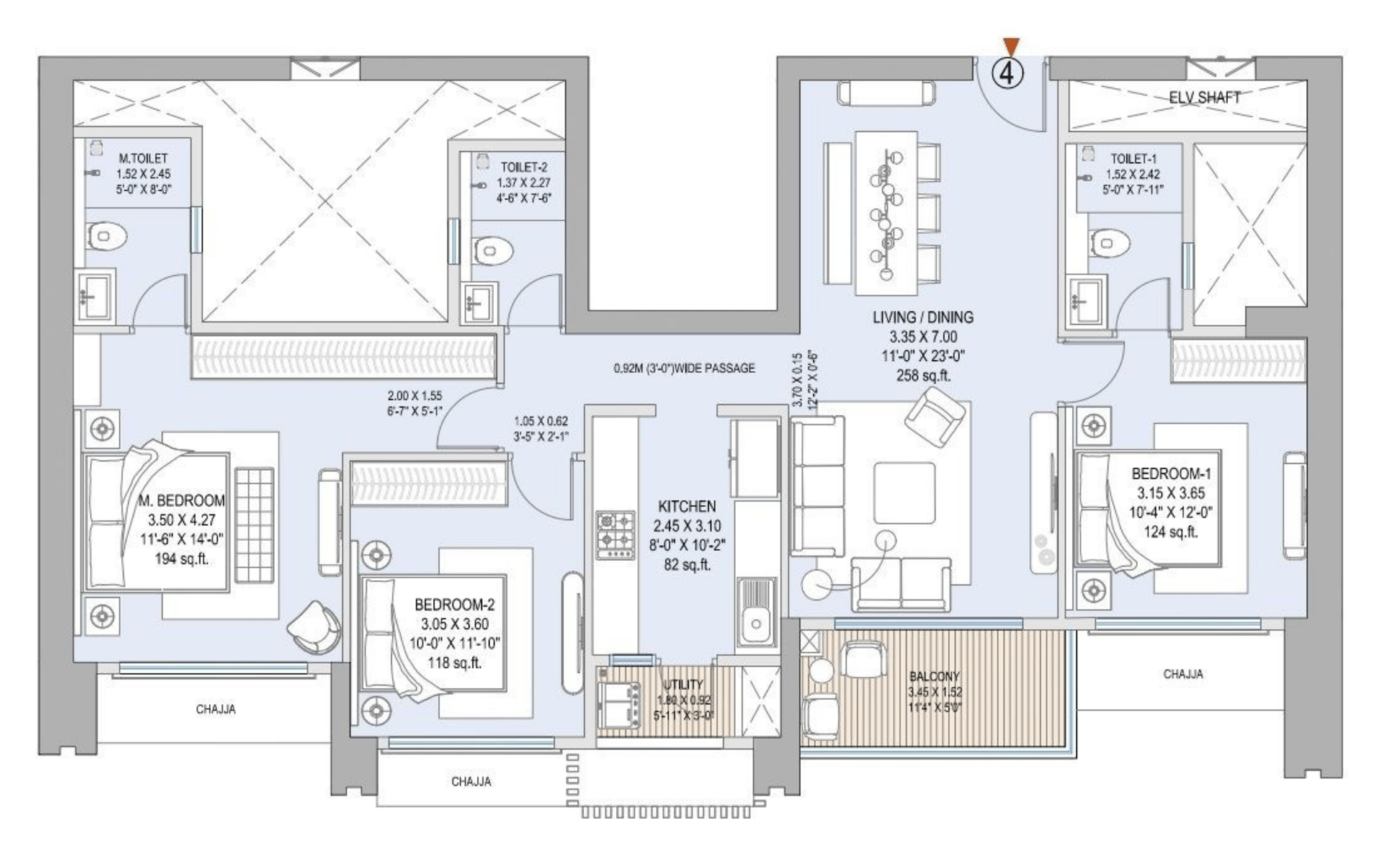 3 BHK T2 floor plan