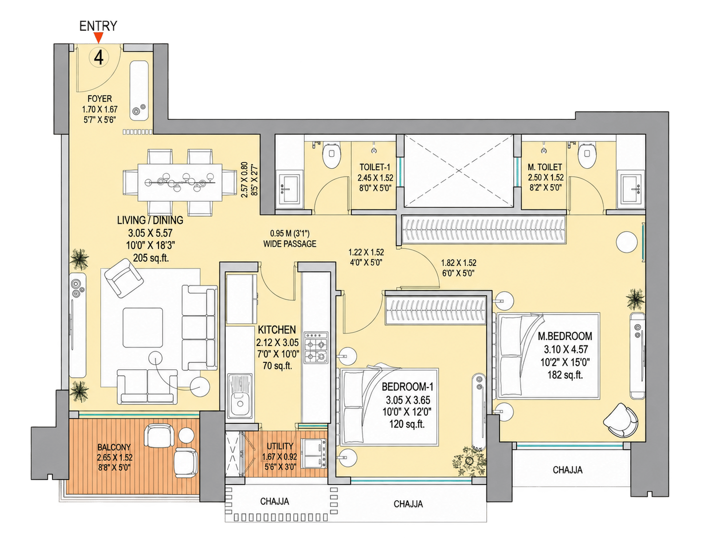 2 BHK T4 floor plan