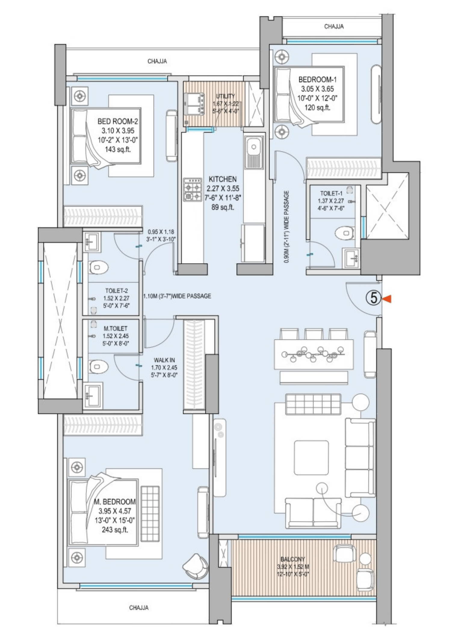 3 BHK T4 floor plan