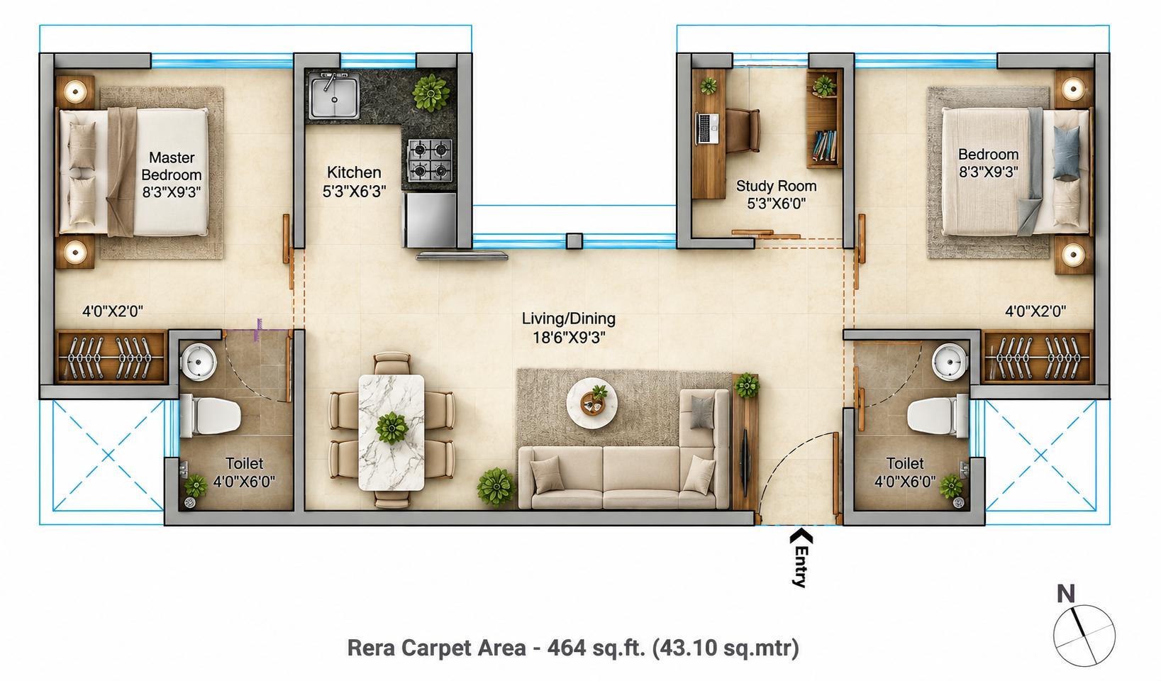2BHK (1+1) Jodi floor plan