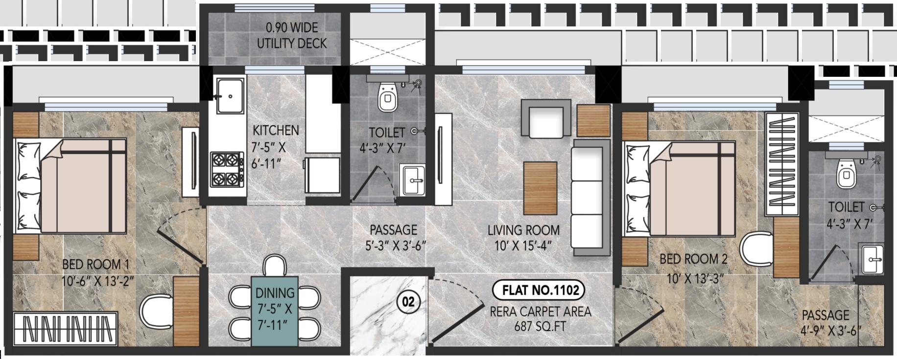 2BHK floor plan