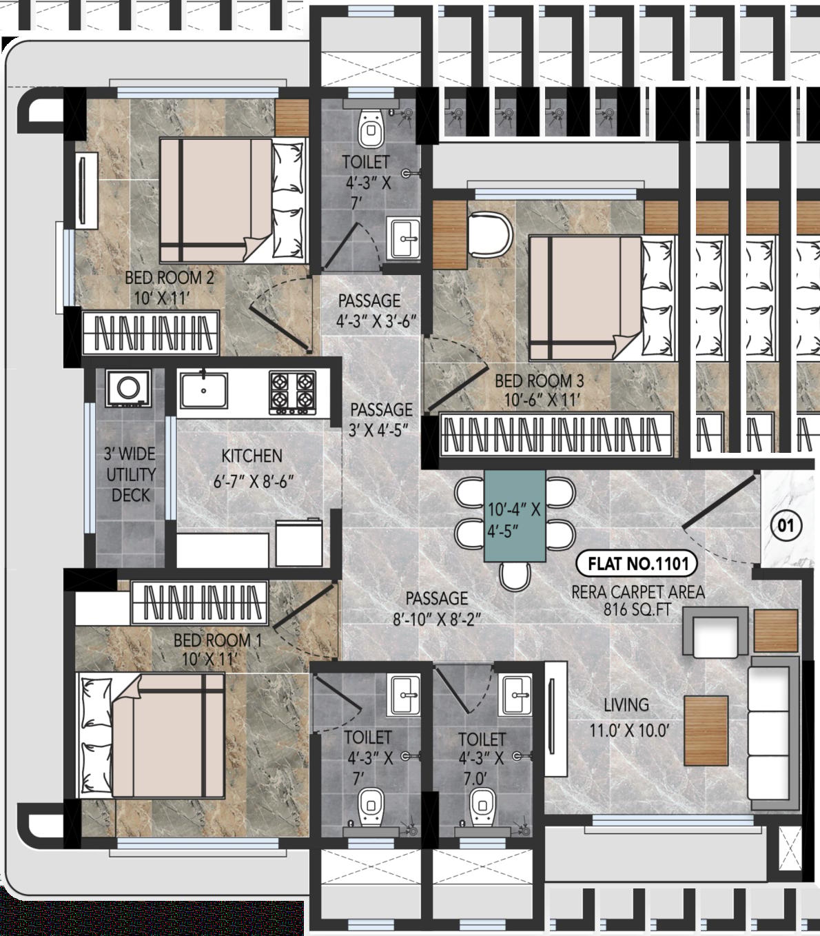 3BHK floor plan