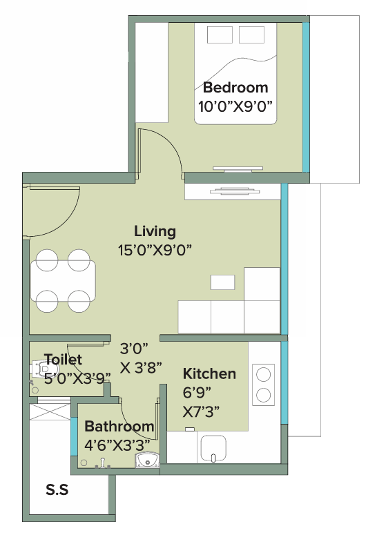1 BHK T3 - Wing B floor plan