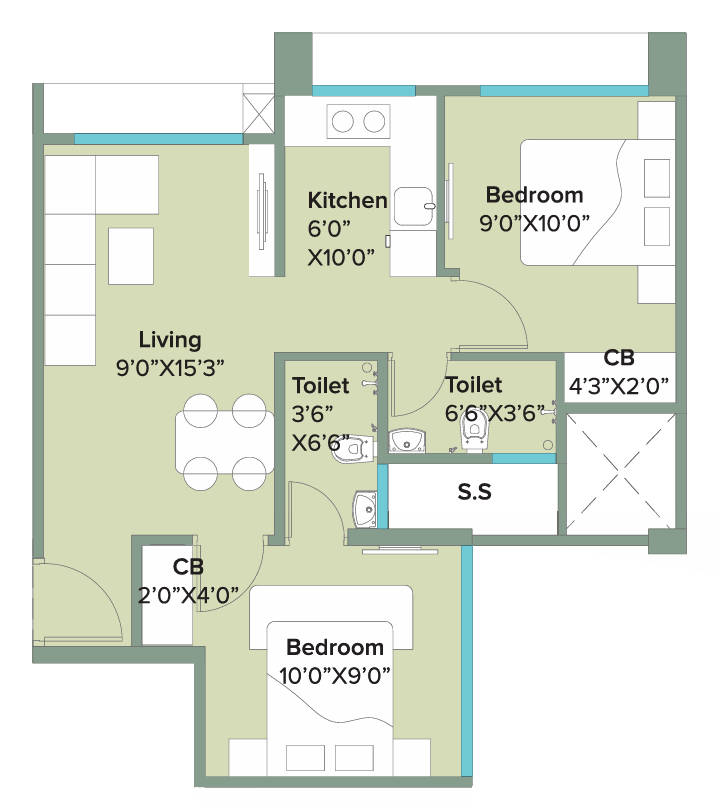 2 BHK - Wing B floor plan