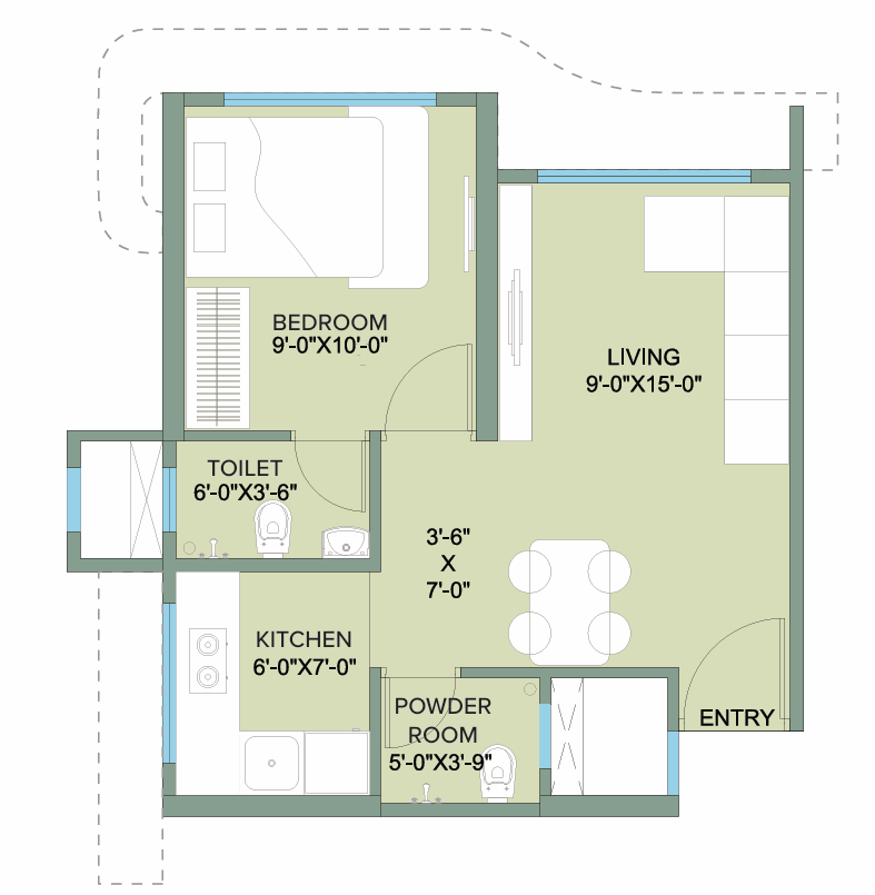 1 BHK T2 - Wing C floor plan