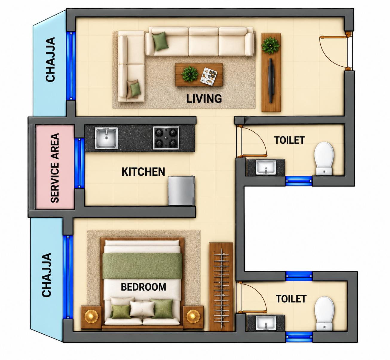1BHK Grand floor plan