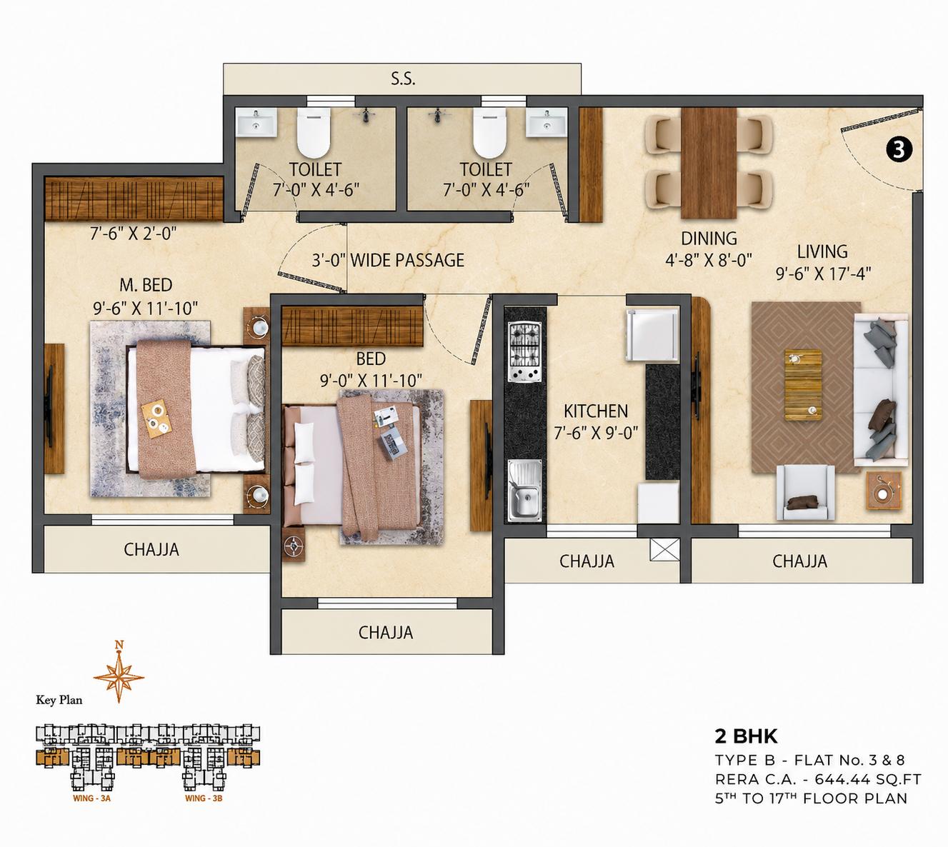 2BHK Type B floor plan