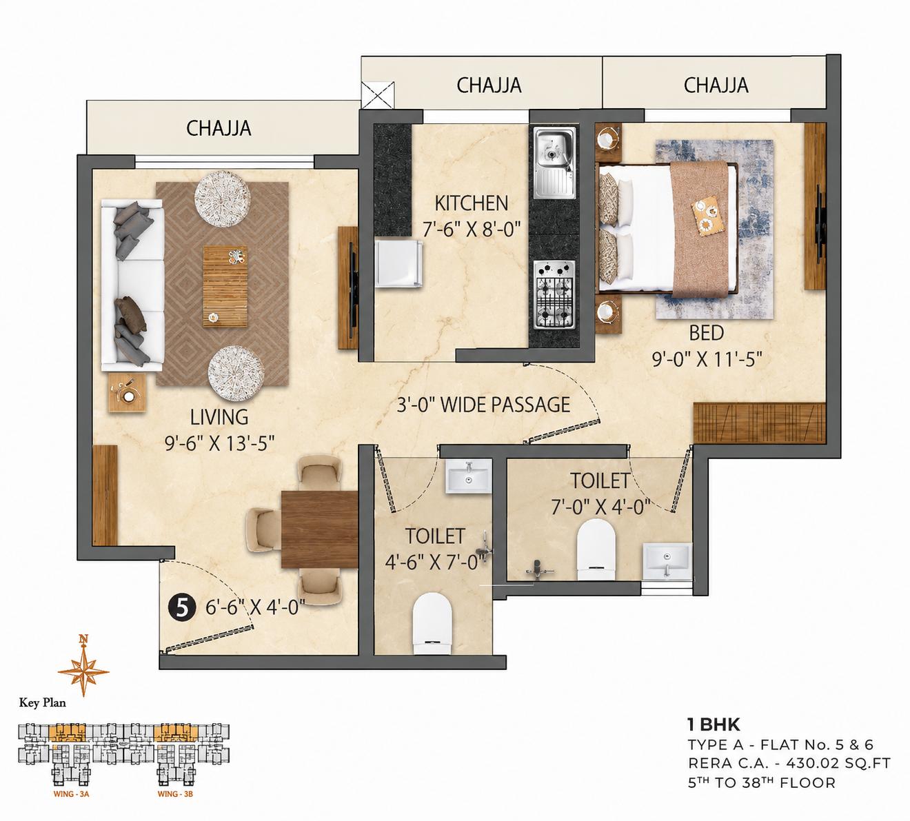 1BHK Type A floor plan