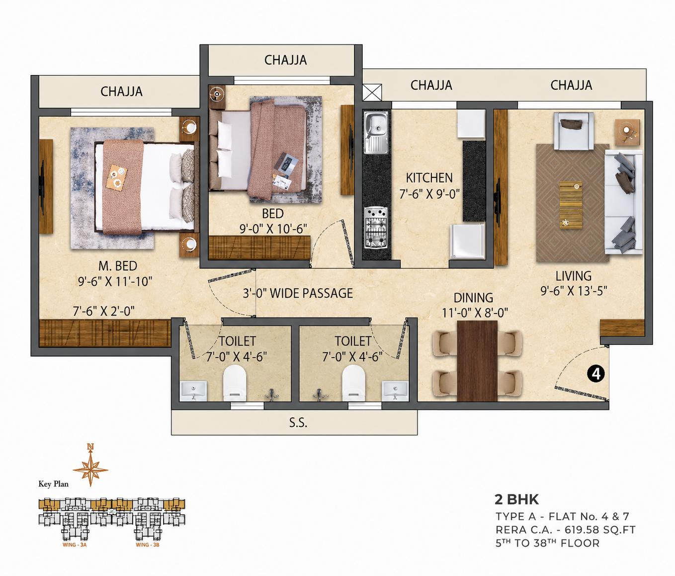 2BHK Type A floor plan