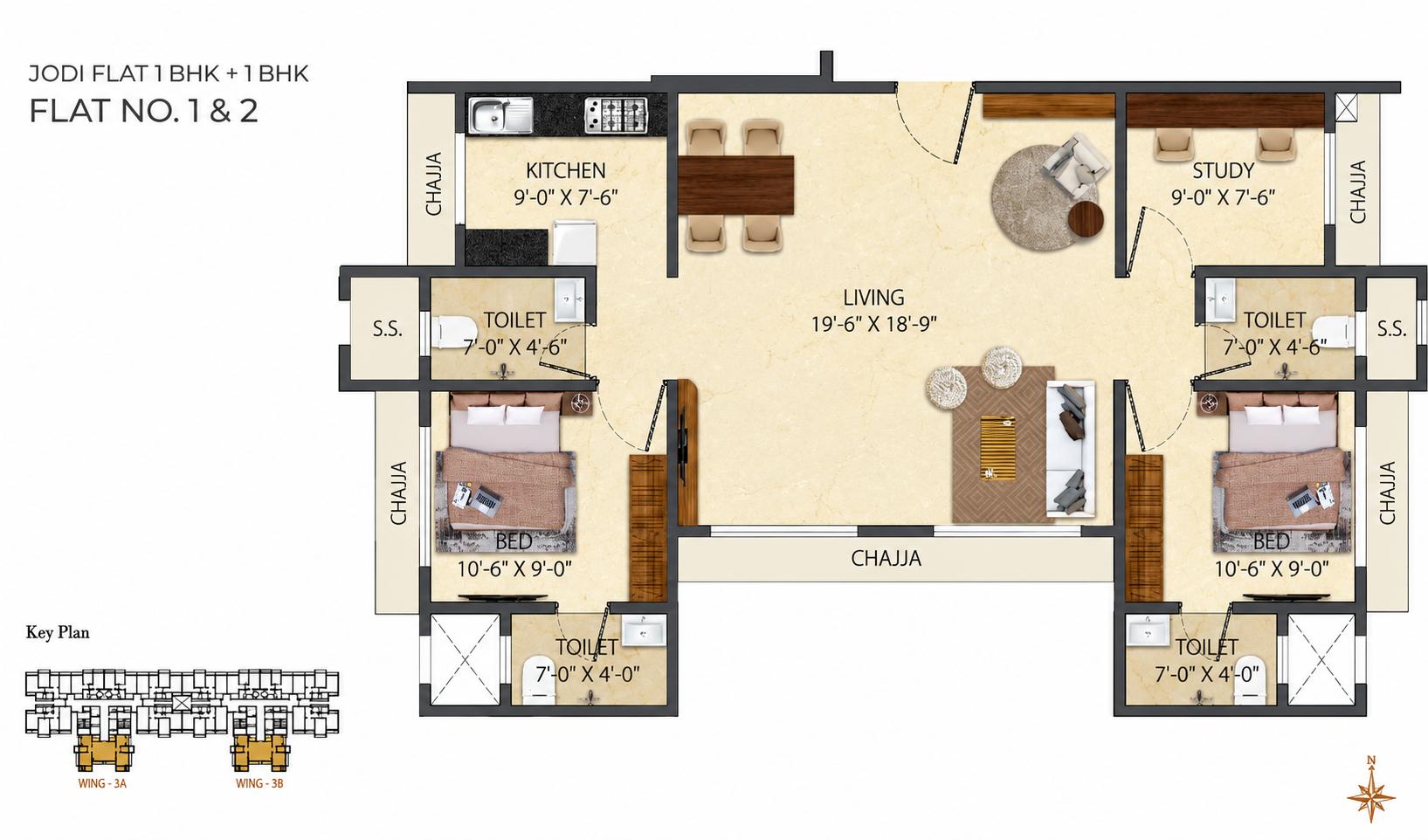 Jodi Flat 1+1BHK floor plan