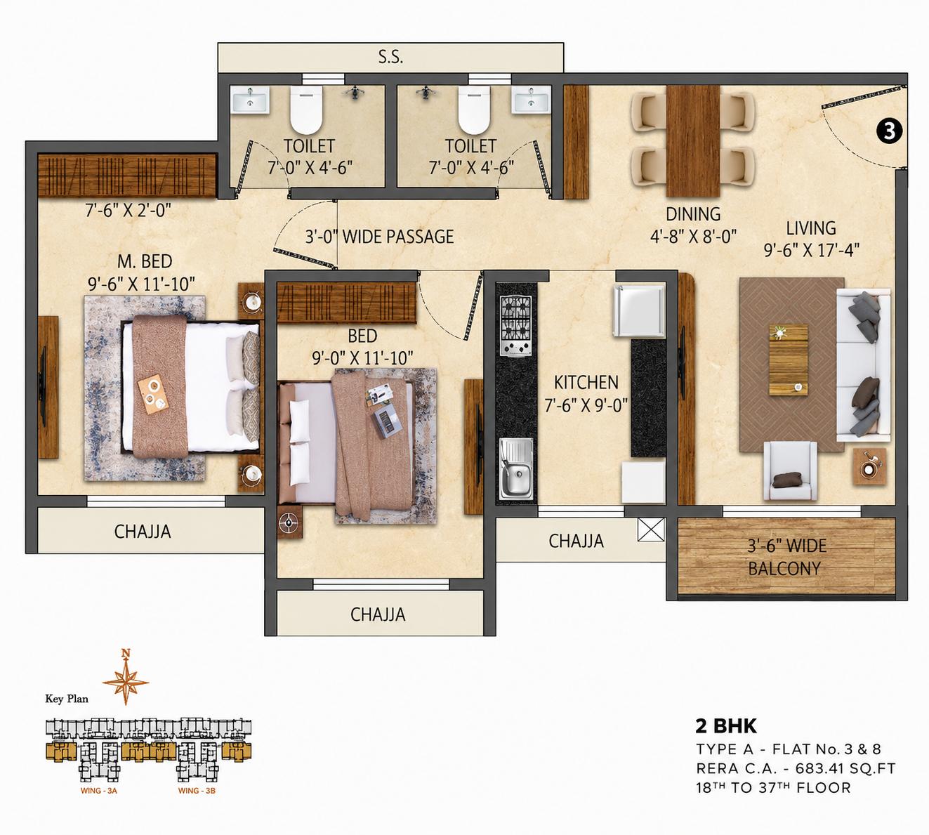 2BHK Type A floor plan