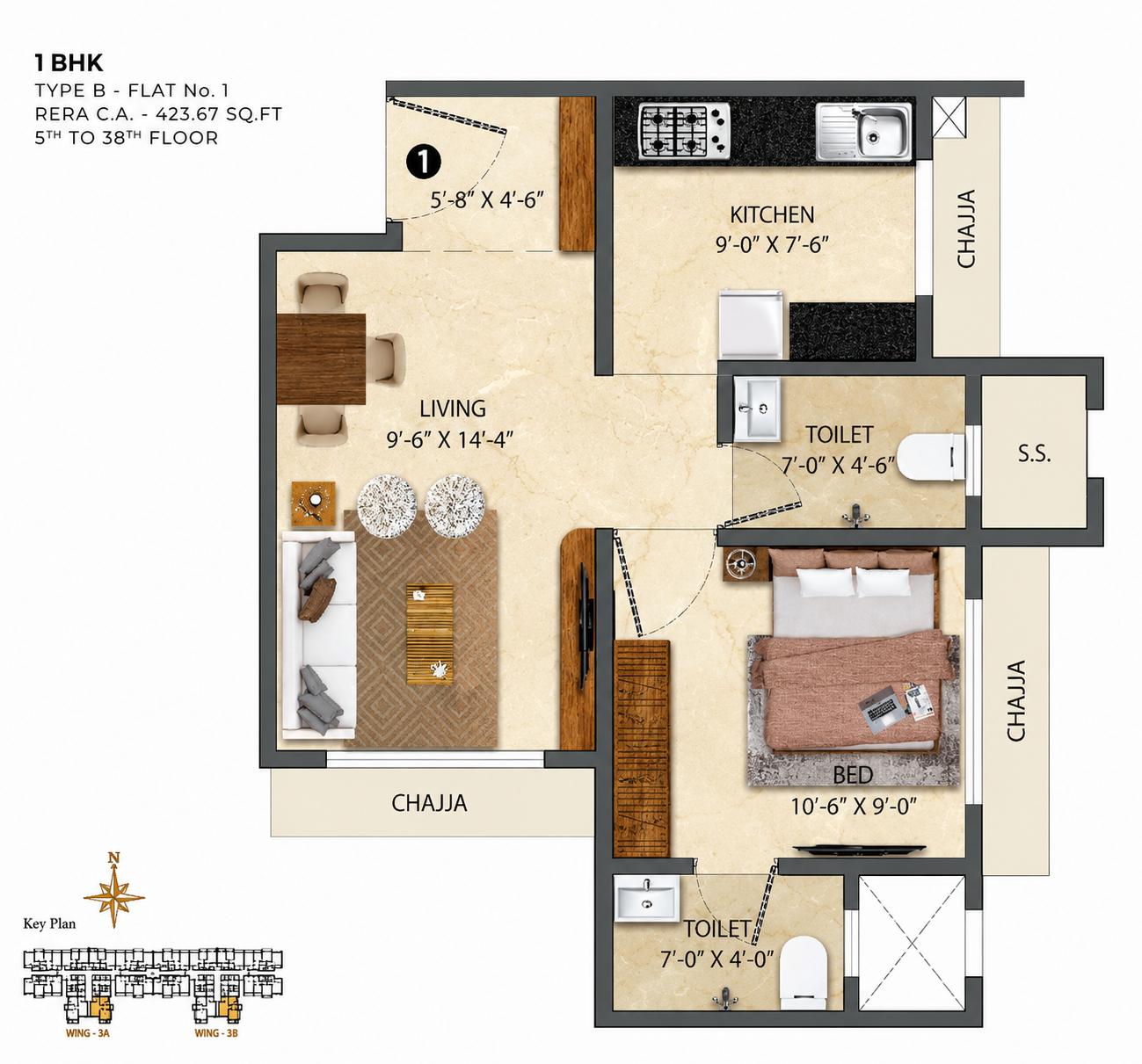 1BHK Type B floor plan