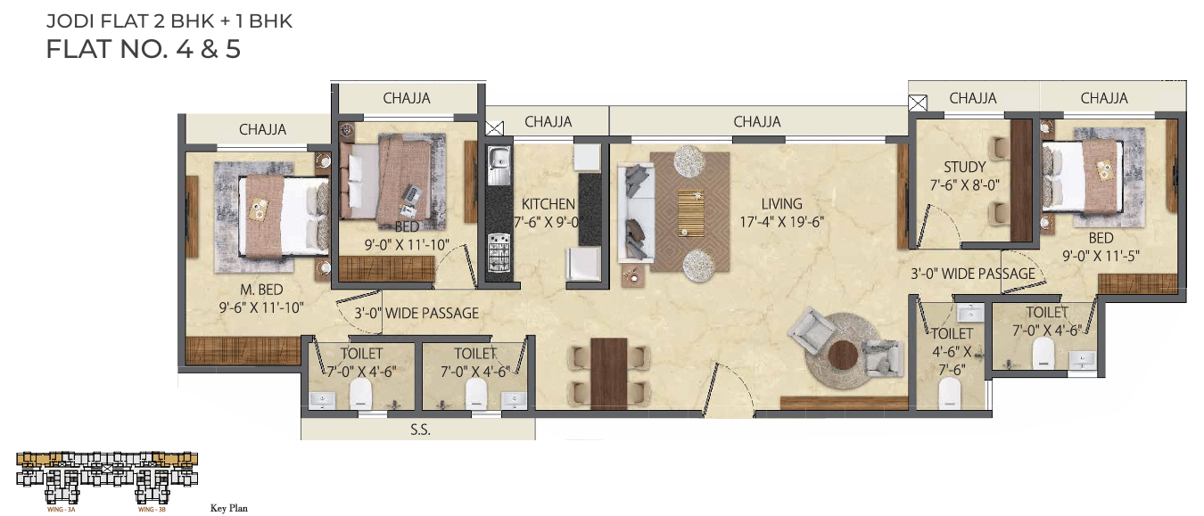 Jodi Flat 2+1BHK floor plan