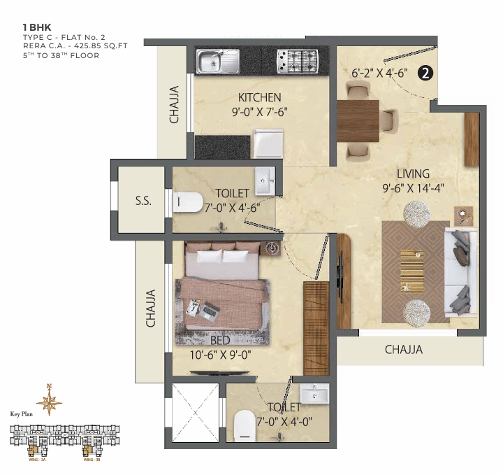 1BHK Type C floor plan