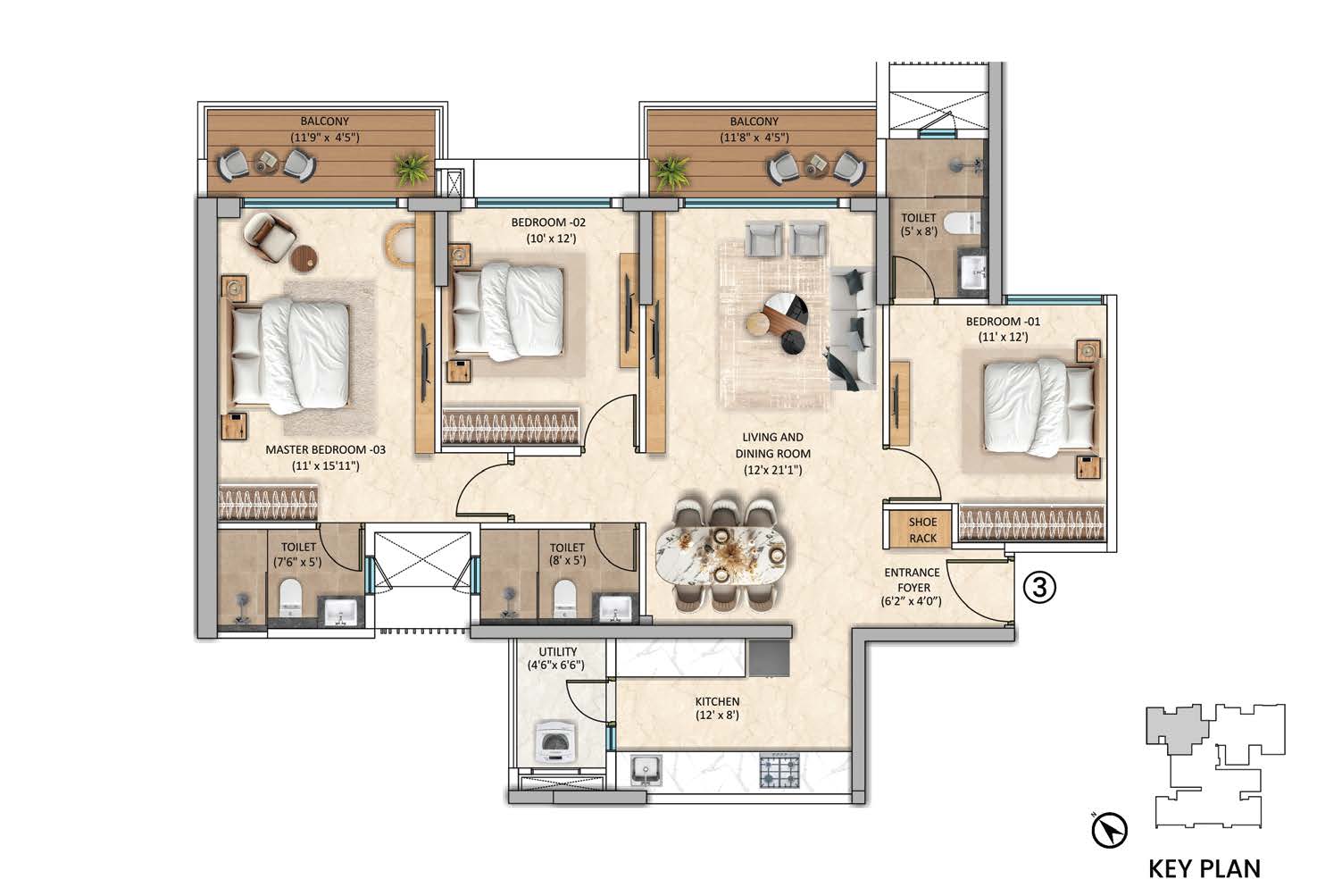 Tower-1 Unit 3 - 3 BHK floor plan