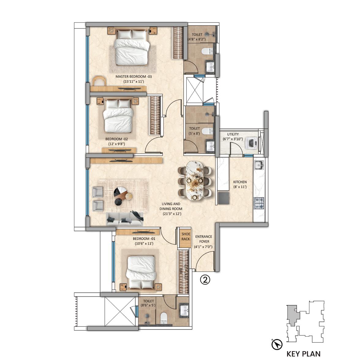 Tower-6 Unit 2 - 3 BHK floor plan