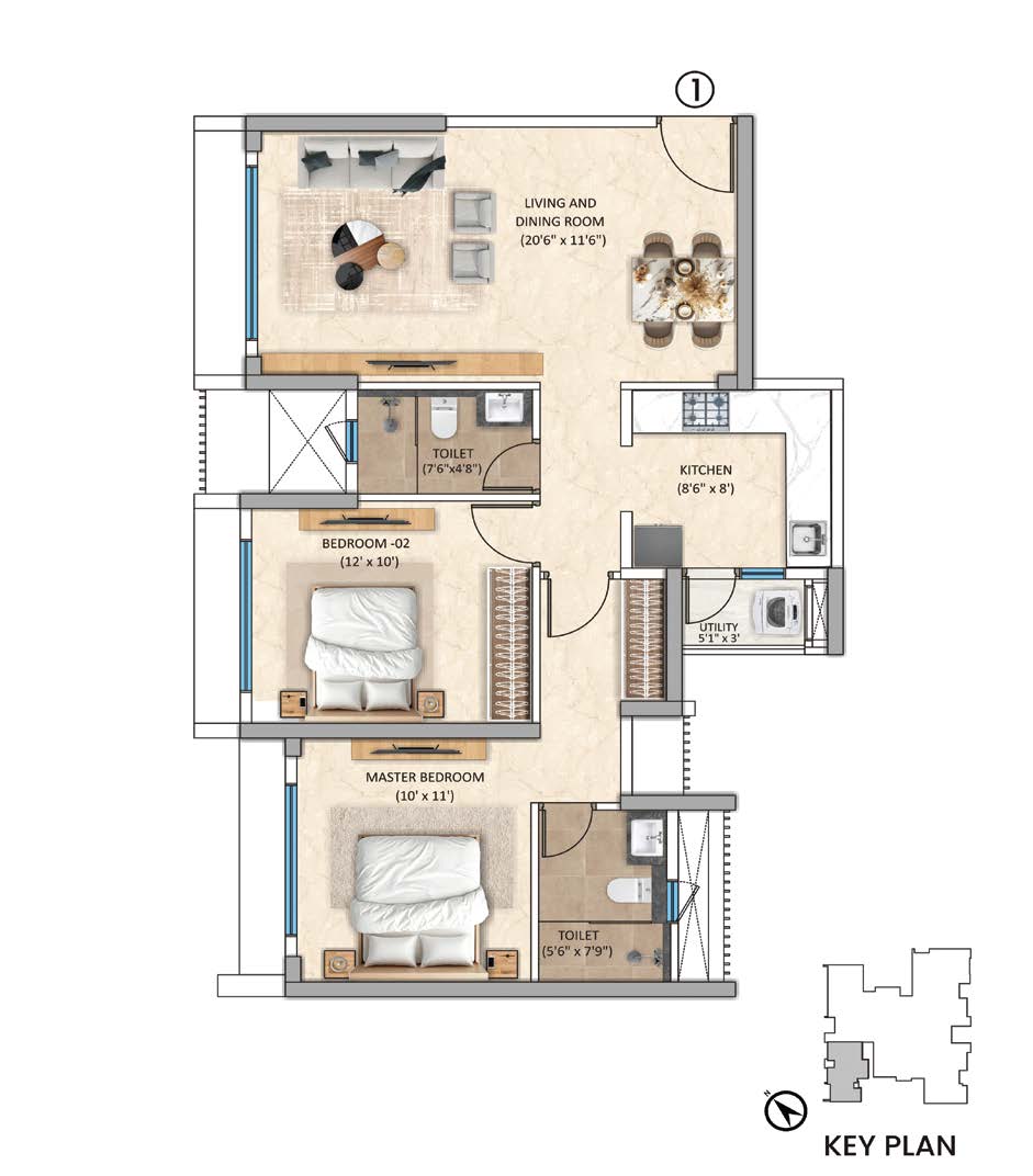 Tower-6 Unit 1 - 2 BHK floor plan
