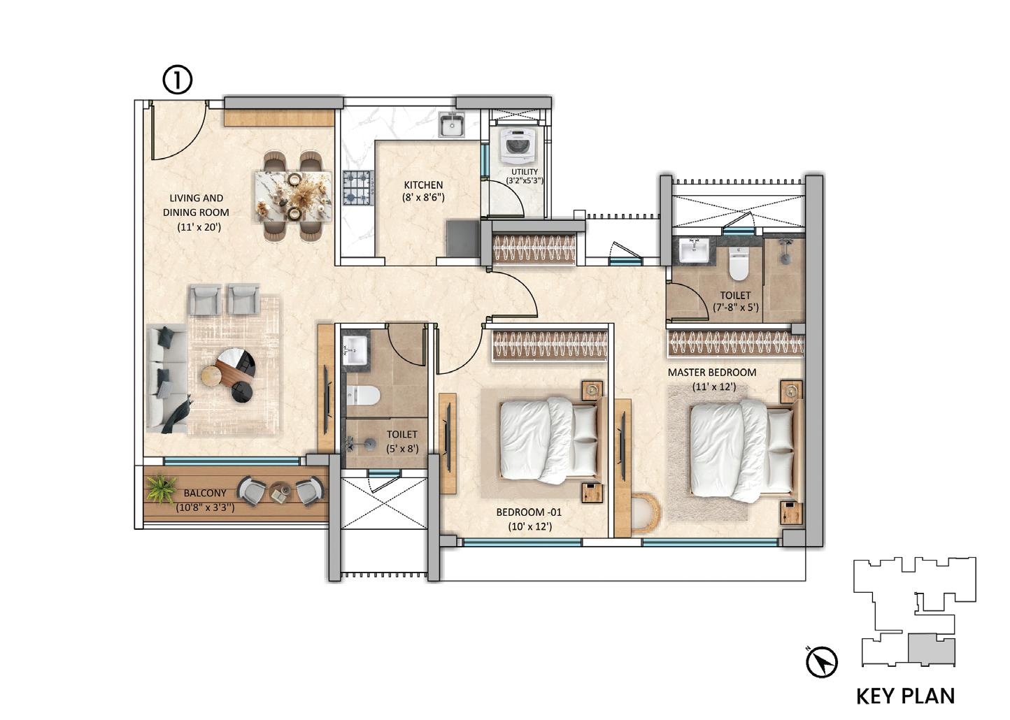 Tower-1 Unit 1/2 - 2 BHK floor plan
