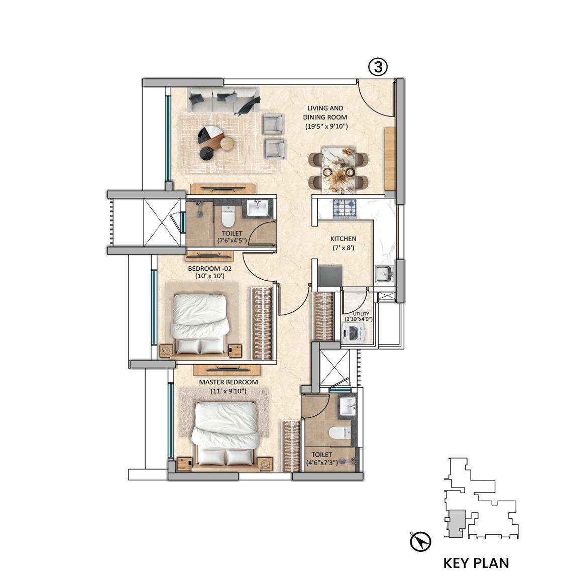 Tower-4 Unit 3 - 2 BHK floor plan