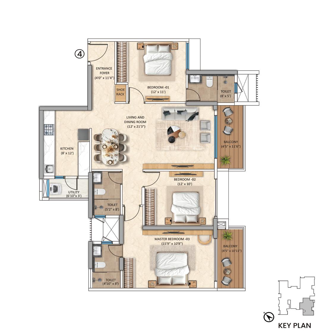 Tower-6 Unit 4 - 3 BHK floor plan