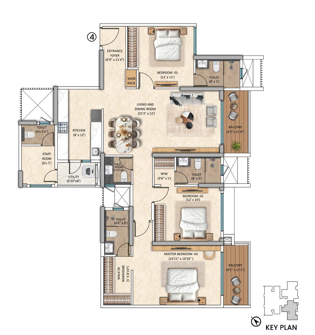 Tower-3 Unit 4 - 3 BHK floor plan