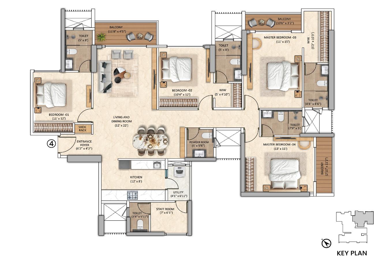 Tower-1 Unit 4 - 4 BHK floor plan