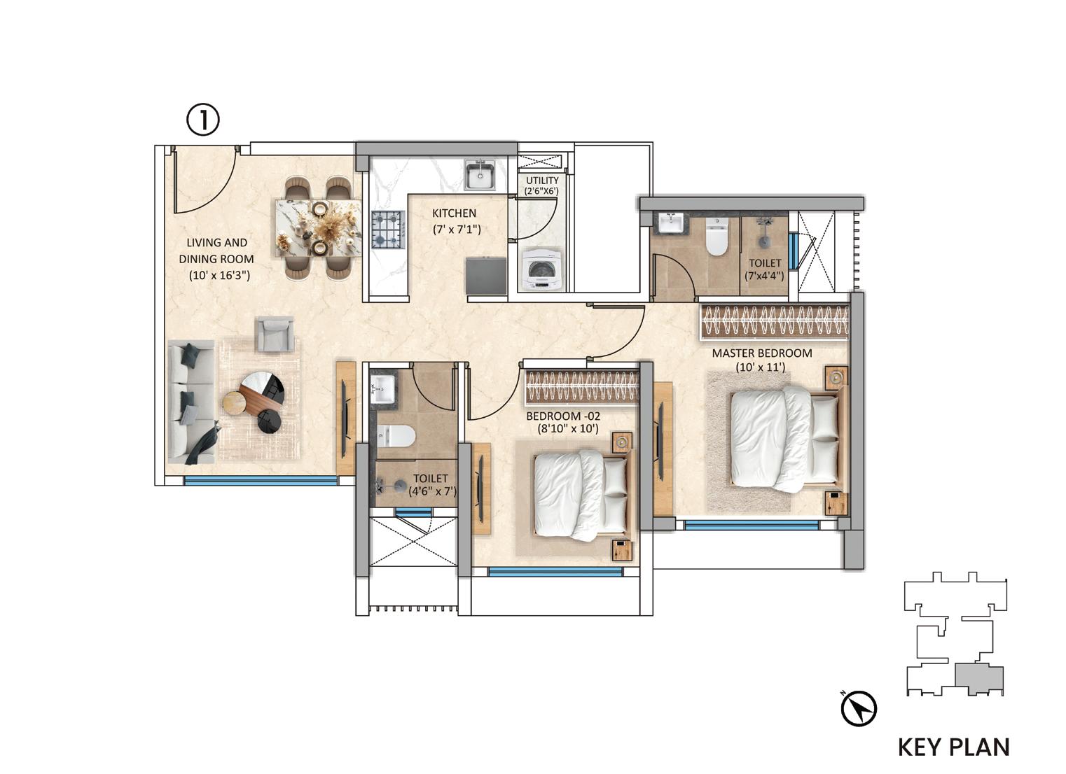 Tower-2 Unit 1/2 - 2 BHK floor plan