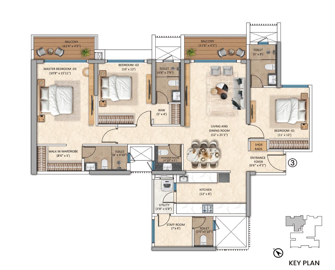 Tower-3 Unit 3 - 3 BHK floor plan