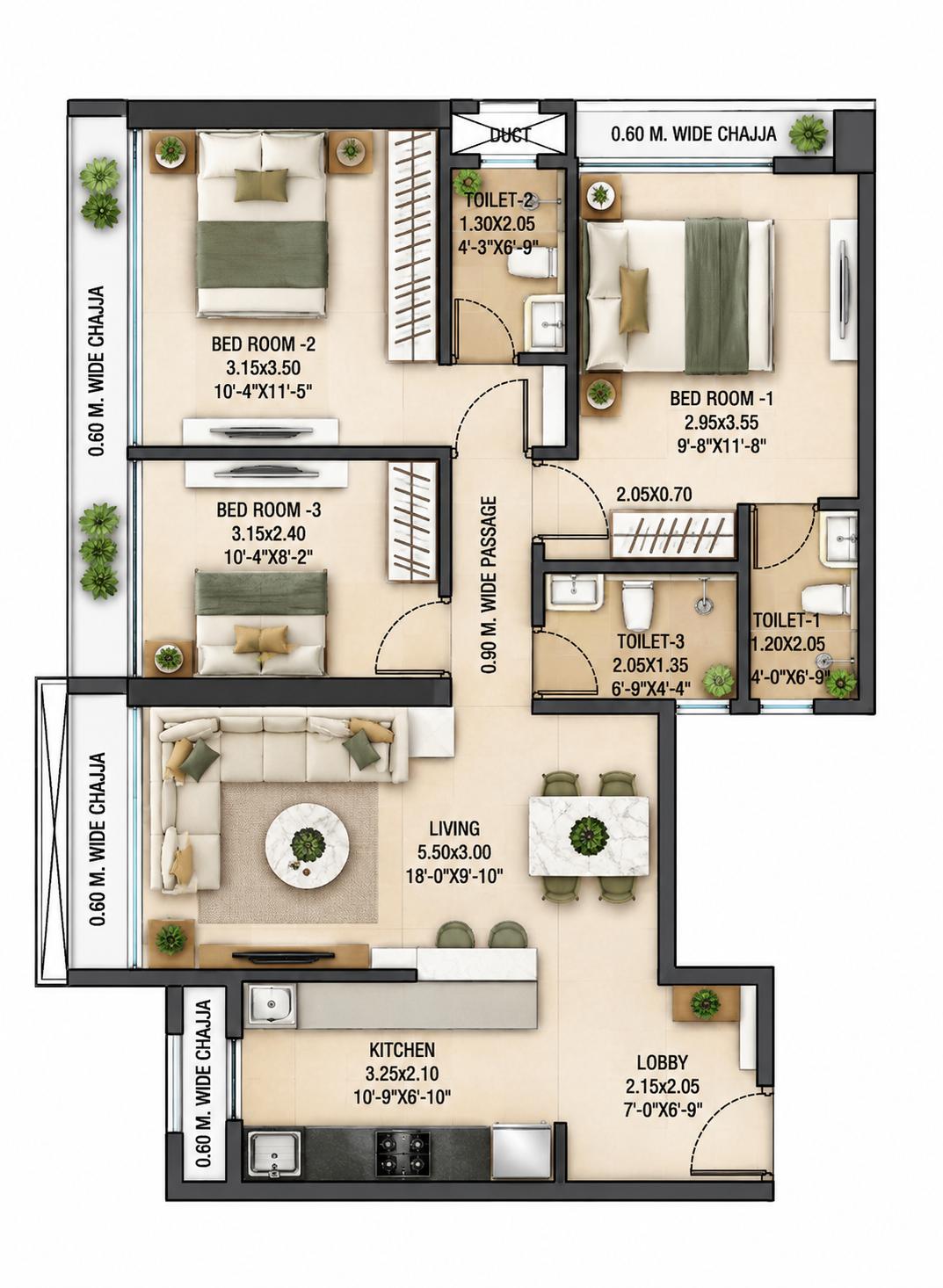 3BHK floor plan