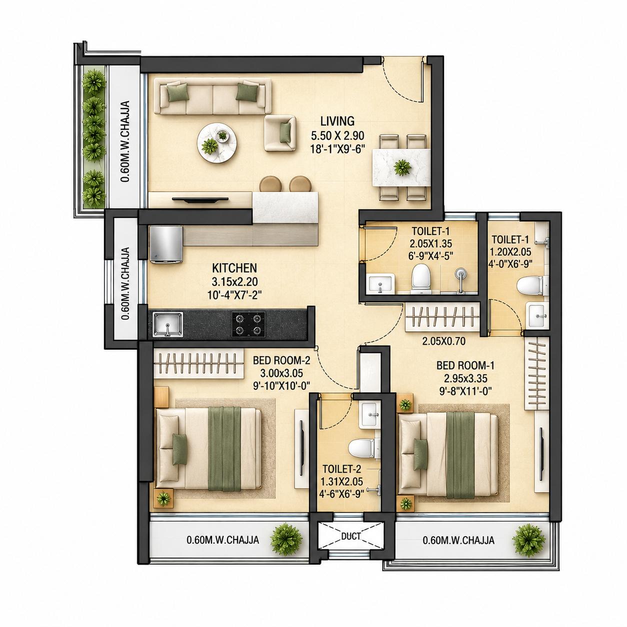 2BHK floor plan