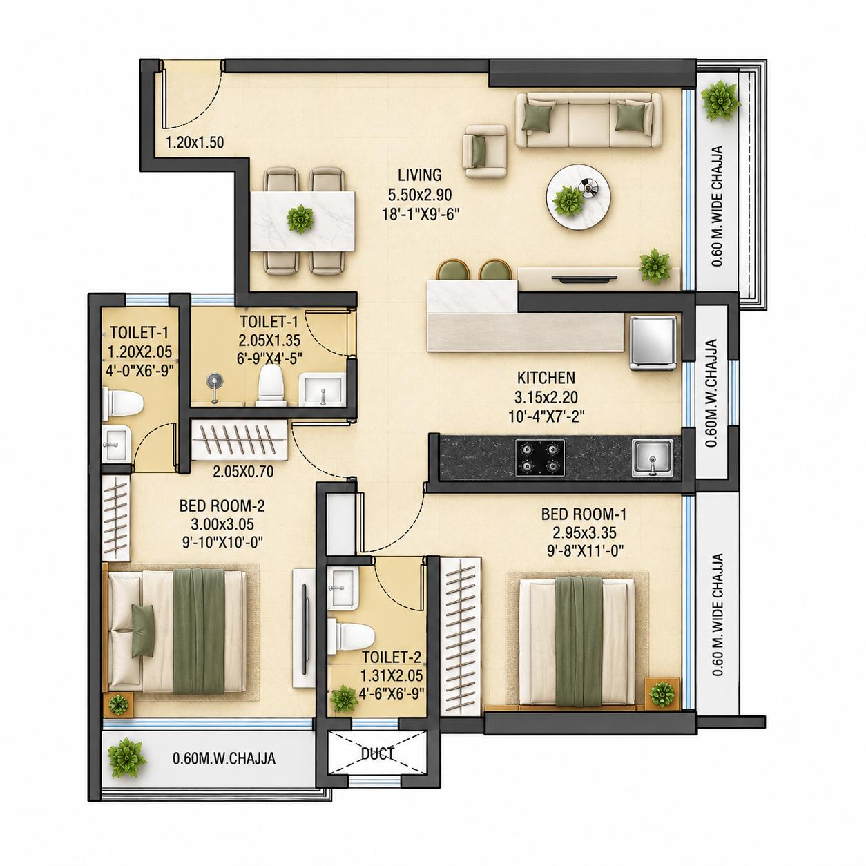 2BHK floor plan