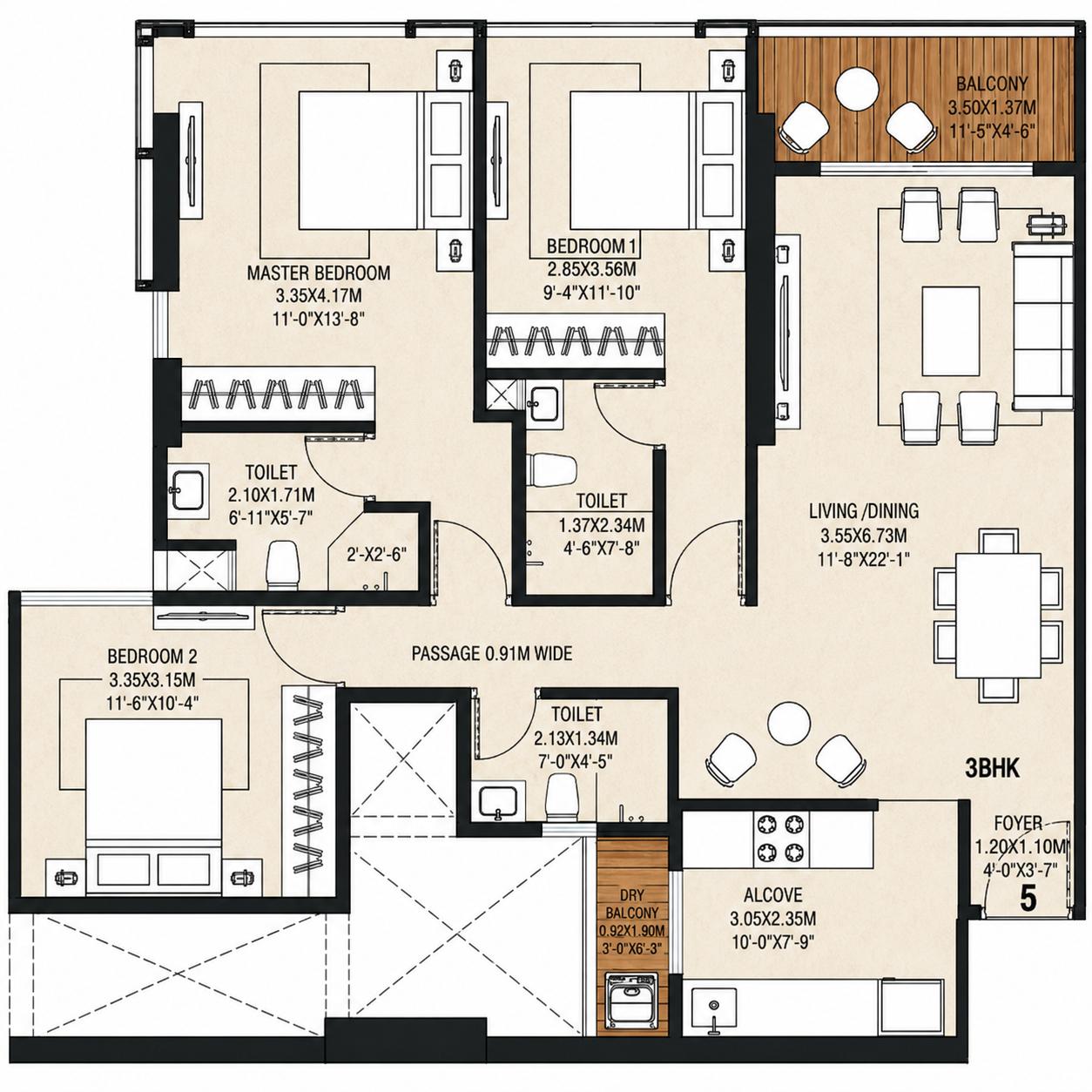 3BHK floor plan