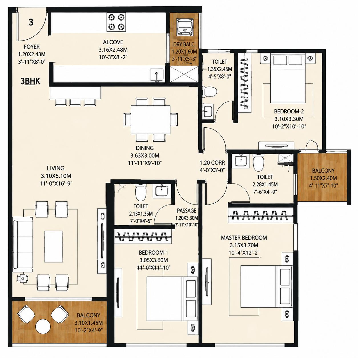 3BHK Elite Type 1 floor plan