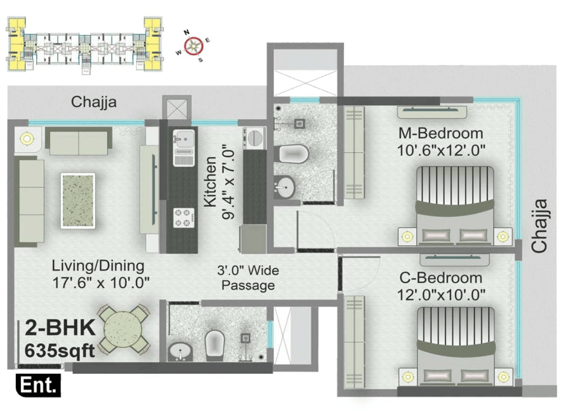 2 BHK floor plan