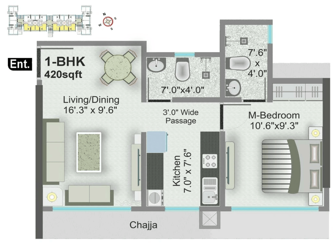 1 BHK floor plan