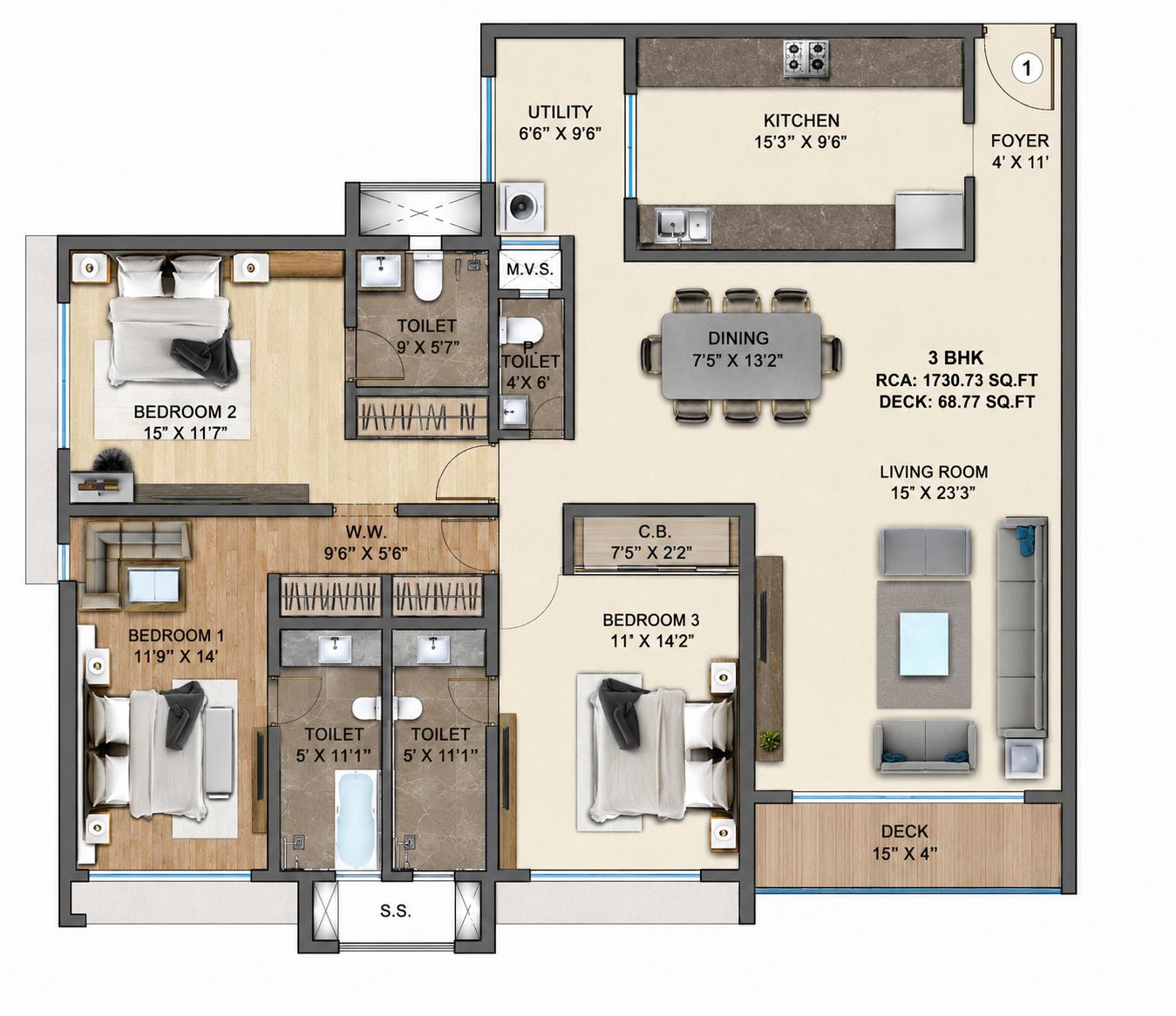 3BHK floor plan