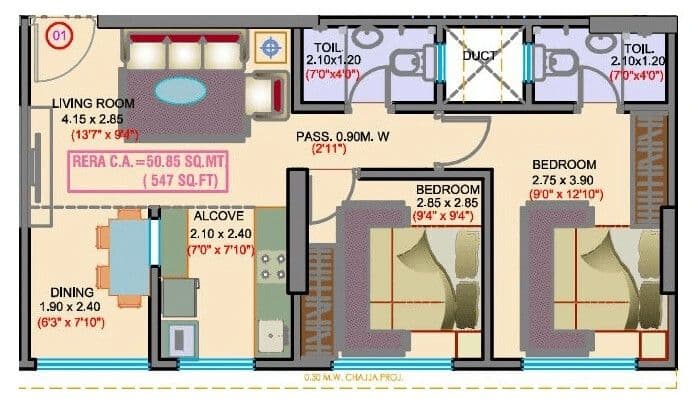 2 BHK T1 floor plan