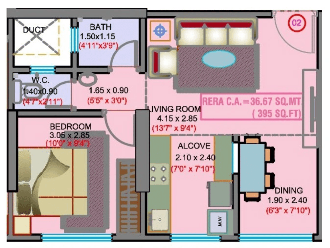 1 BHK T2 floor plan