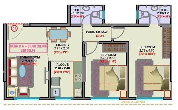 2 BHK T3 floor plan