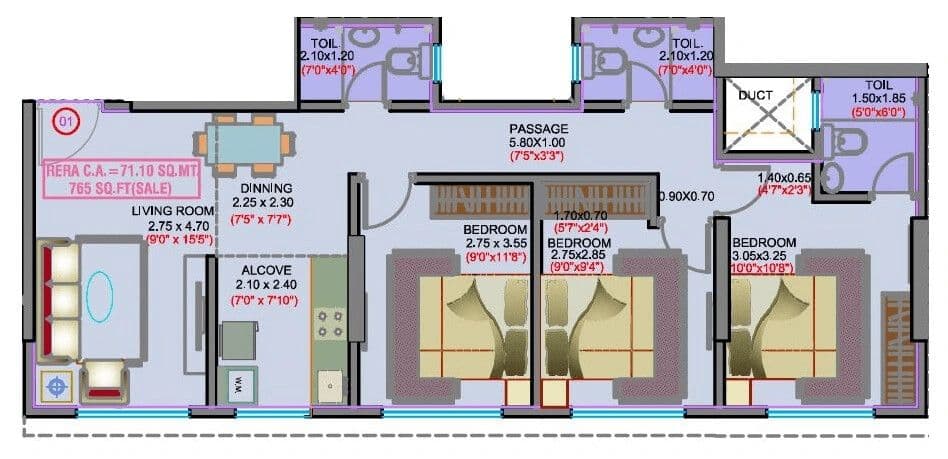 3 BHK floor plan