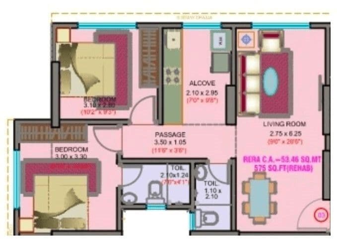2 BHK T2 floor plan