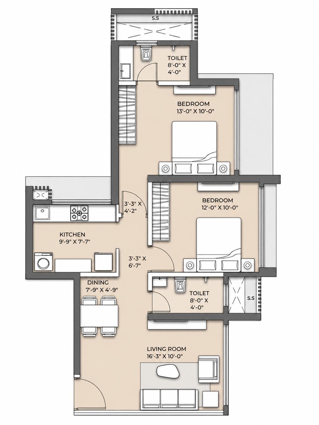 2 BHK Type1 floor plan