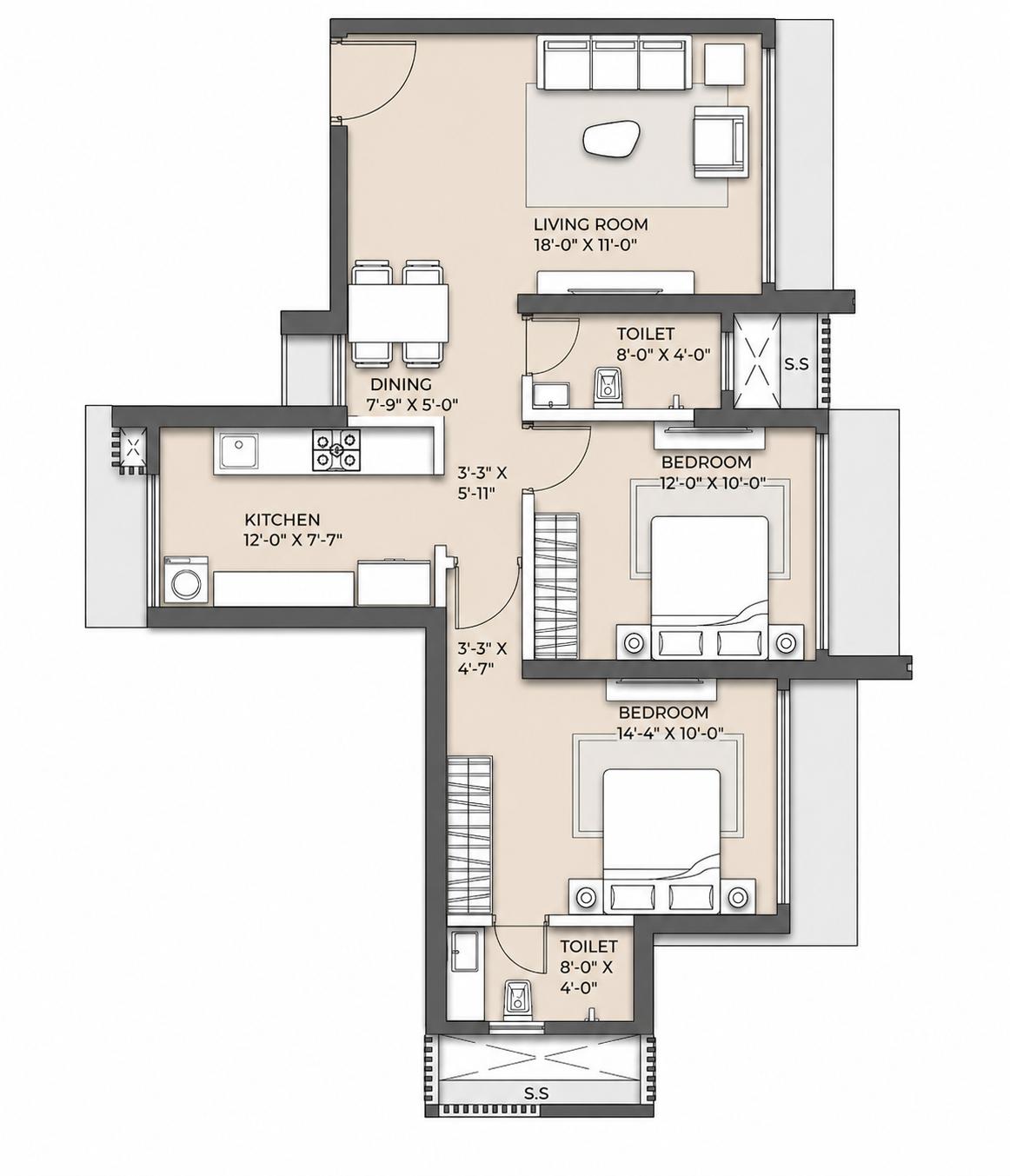 2 BHK Type4 floor plan